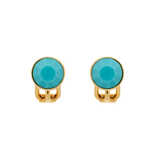 A pair of gold-colored clip-on earrings with turquoise crystals, presented against a white background.