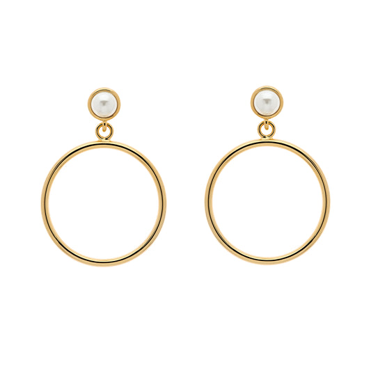A pair of gold hoop earrings with pearls at the top, presented against a white background.