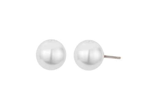 A pair of classic white pearl stud earrings with platinum plated posts.