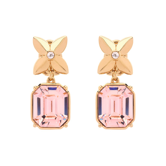 Gold earrings with pink gemstones on a white background