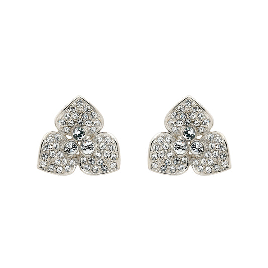 A pair of platinum plated clip earrings with a hand set crystal flower design