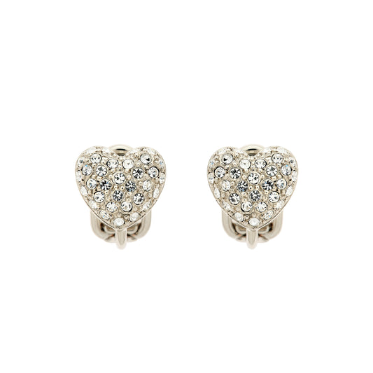 A pair of clip earrings featuring a heart shape covered in sparkling pave crystals.