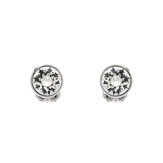 A pair of platinum crystal stud clip earrings with a sparkling clear crystal set in each, displayed against a white background.
