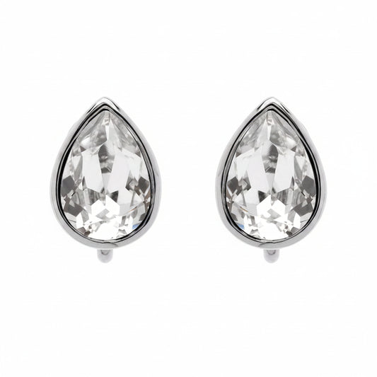 A pair of silver stud earrings featuring faceted teardrop-shaped clear gemstones in polished silver bezel settings, shown against a plain white background.
