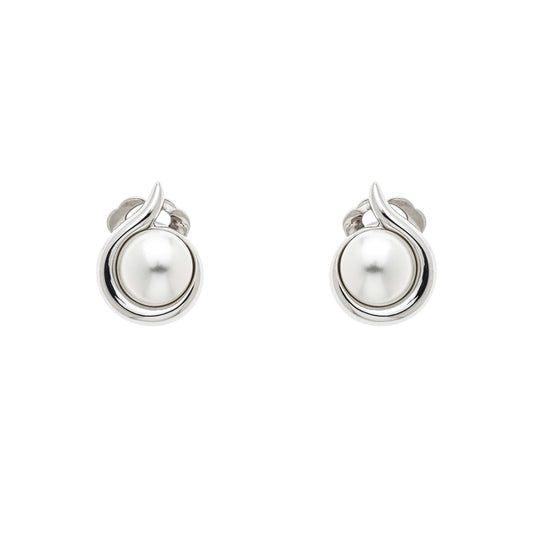 A pair of platinum-colored clip earrings with faux white pearls, presented against a white background.