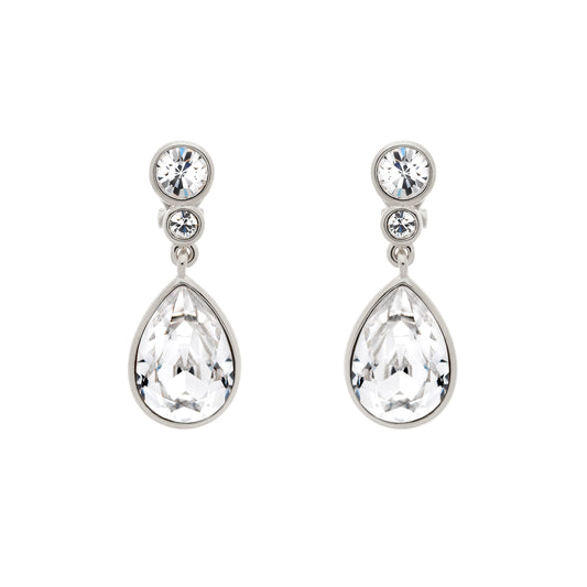 A pair of platinum crystal teardrop clip earrings featuring a series of pear-shaped crystals on a white background.