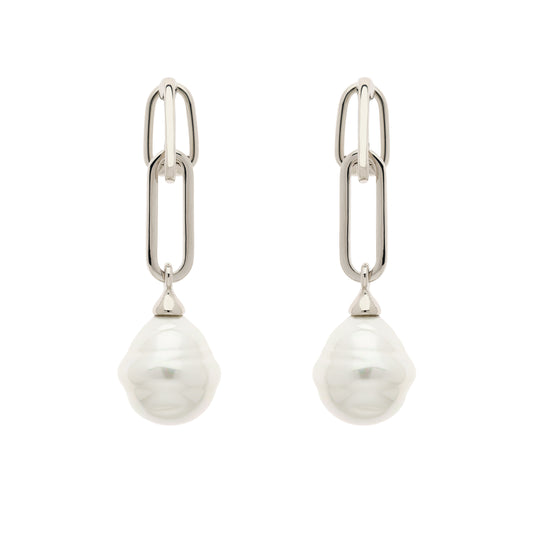 A pair of platinum clip earrings featuring baroque pearl drops.