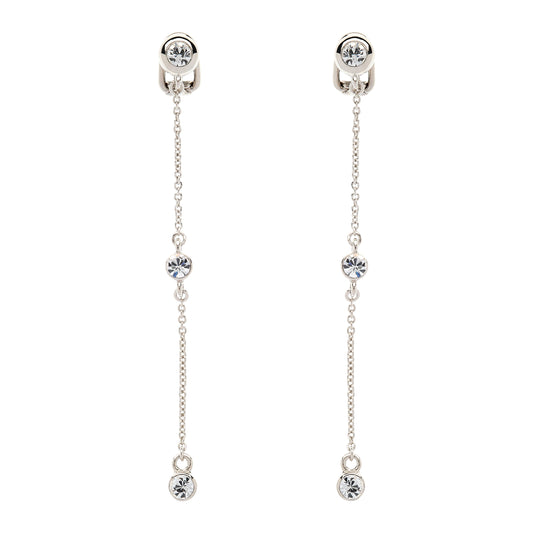 Pair of silver chain earrings with small crystals on a white background