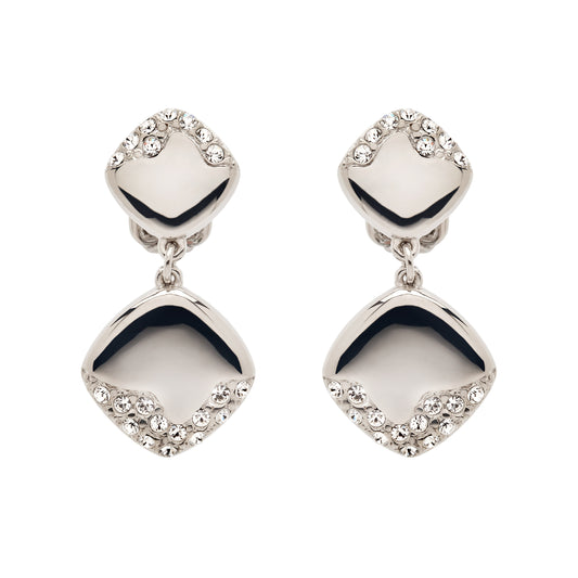 Pair of silver earrings with clear gemstones on a white background