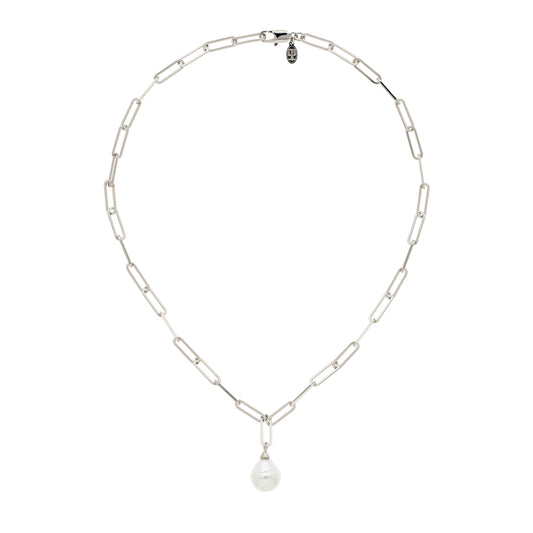 A platinum chain necklace with a baroque pearl drop, featuring a lobster clasp closure.