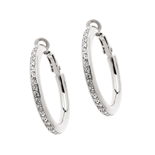 A pair of platinum plated hoop clip earrings set with sparkling crystals, viewed from the front against a white background.