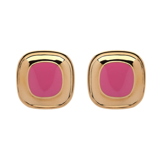 Gold earrings with pink stones on a white background