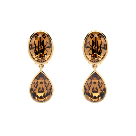 Pair of gold earrings with tortoiseshell pattern on a white background