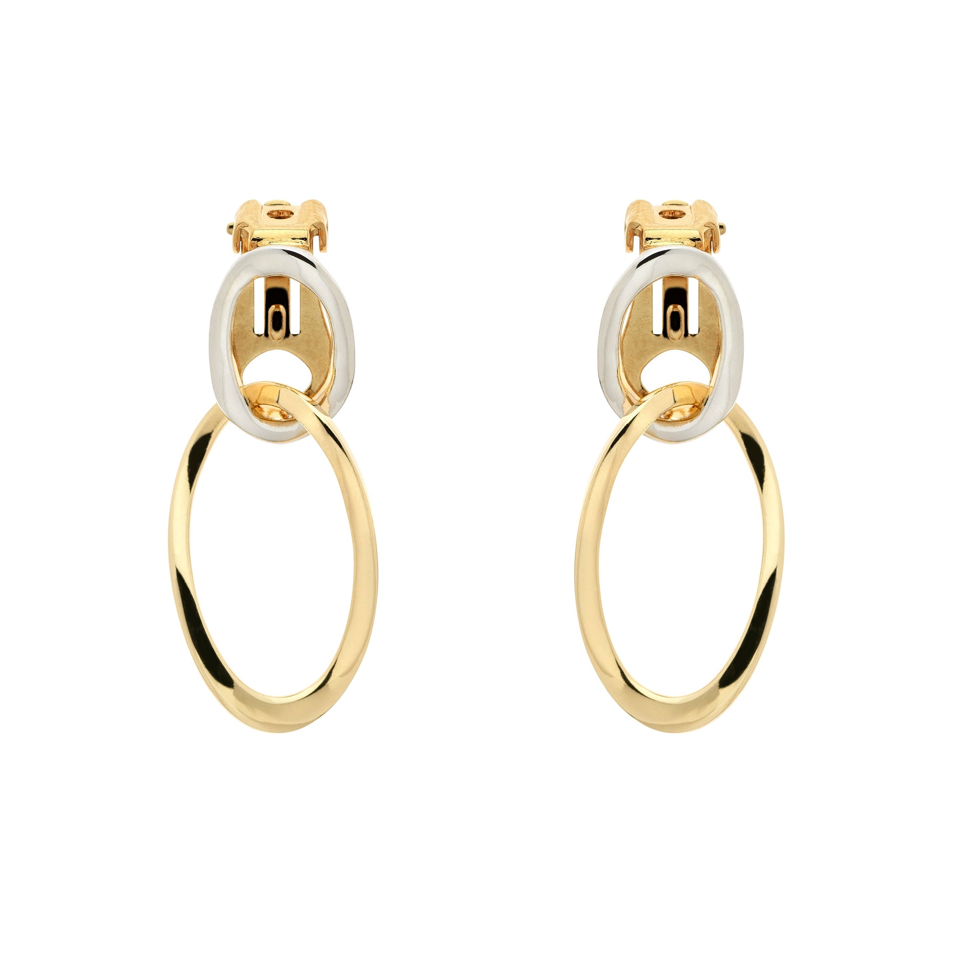 A pair of clip-on earrings featuring a double hoop design with platinum and gold plating.