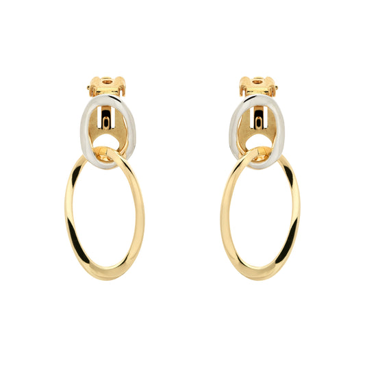 A pair of clip-on earrings featuring a double hoop design with platinum and gold plating.
