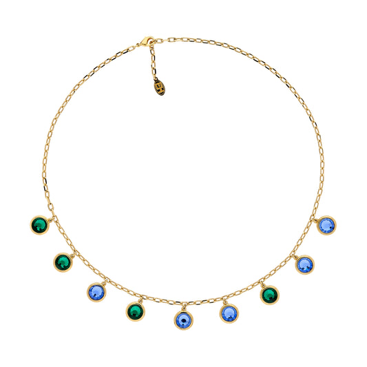 A gold-colored necklace with emerald and violet crystal pendants