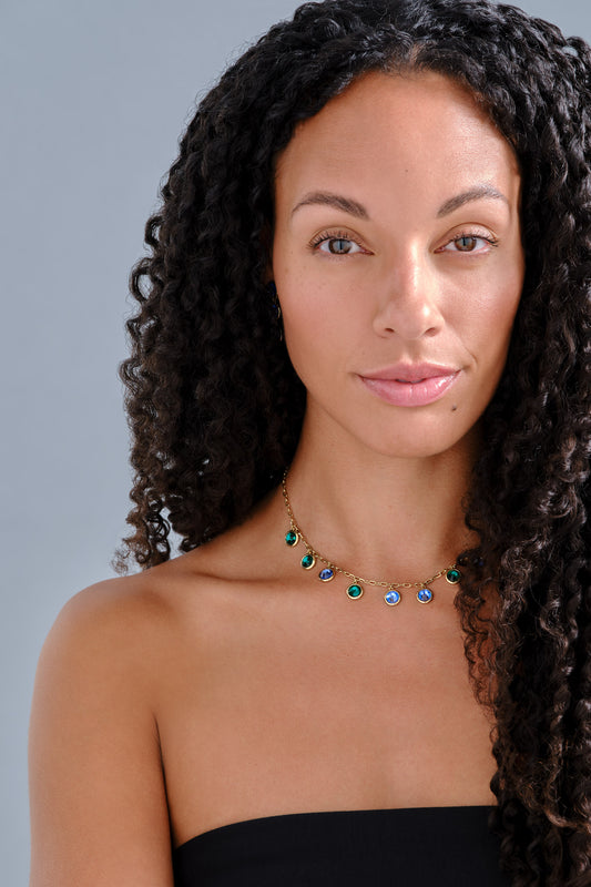 Purple & Green Crystal Necklace on model