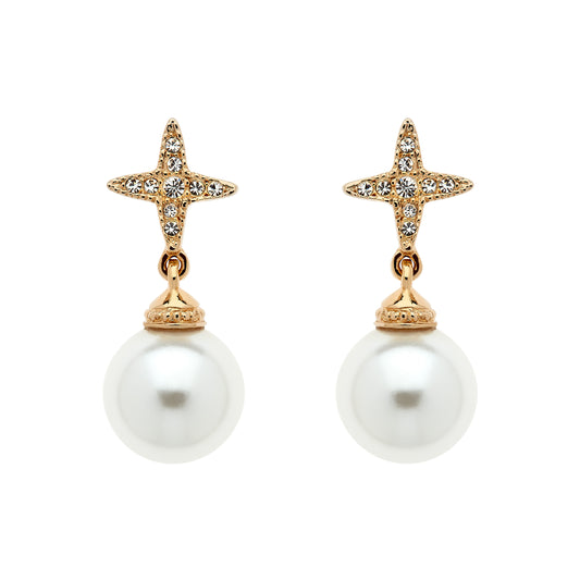 Gold Crystal Cross & Pearl Earrings