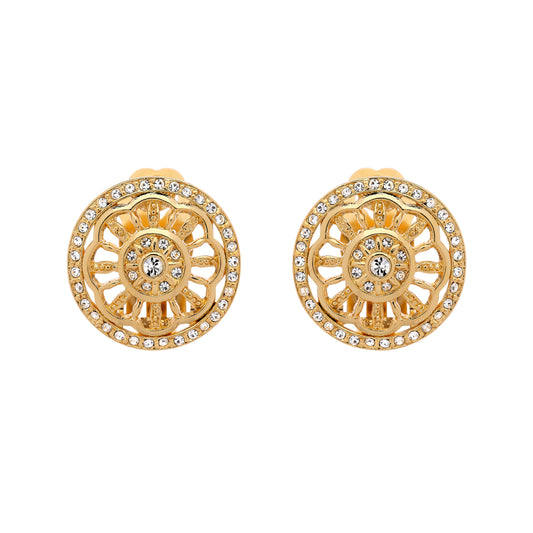 Gold & Crystal Disc Clip Earrings