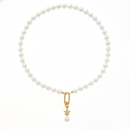 Gold Crystal Star & Pearl Charm Necklace