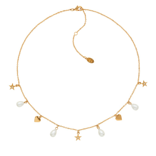 Gold pearl charm necklace