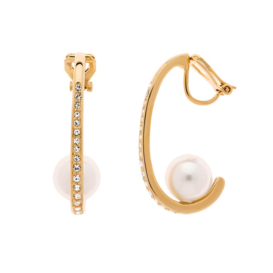 Floating Pearl & Gold Crystal Clip Earrings