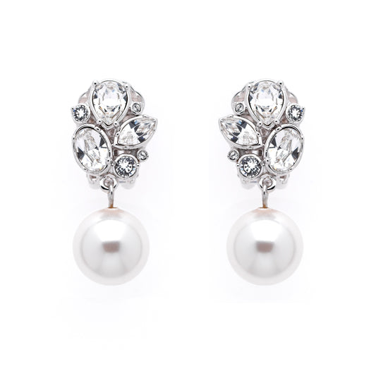 Platinum Crystal Cluster & Pearl Clip Earrings