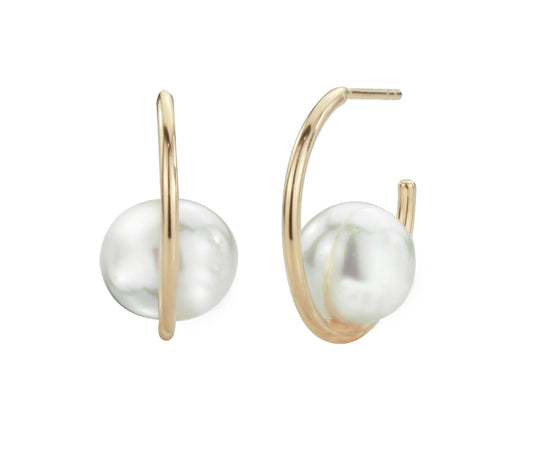 Gold Hoop with Floating Pearl Earrings