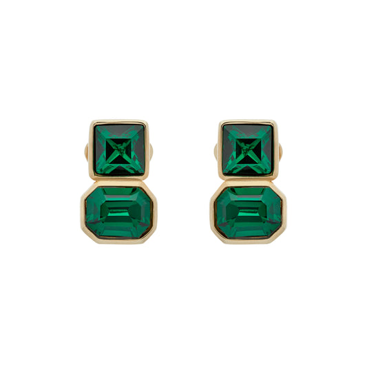 Gold & Emerald Double Crystal Clip Earrings