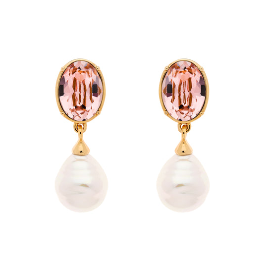 Rose Crystal & Baroque Pearl Clip Earrings