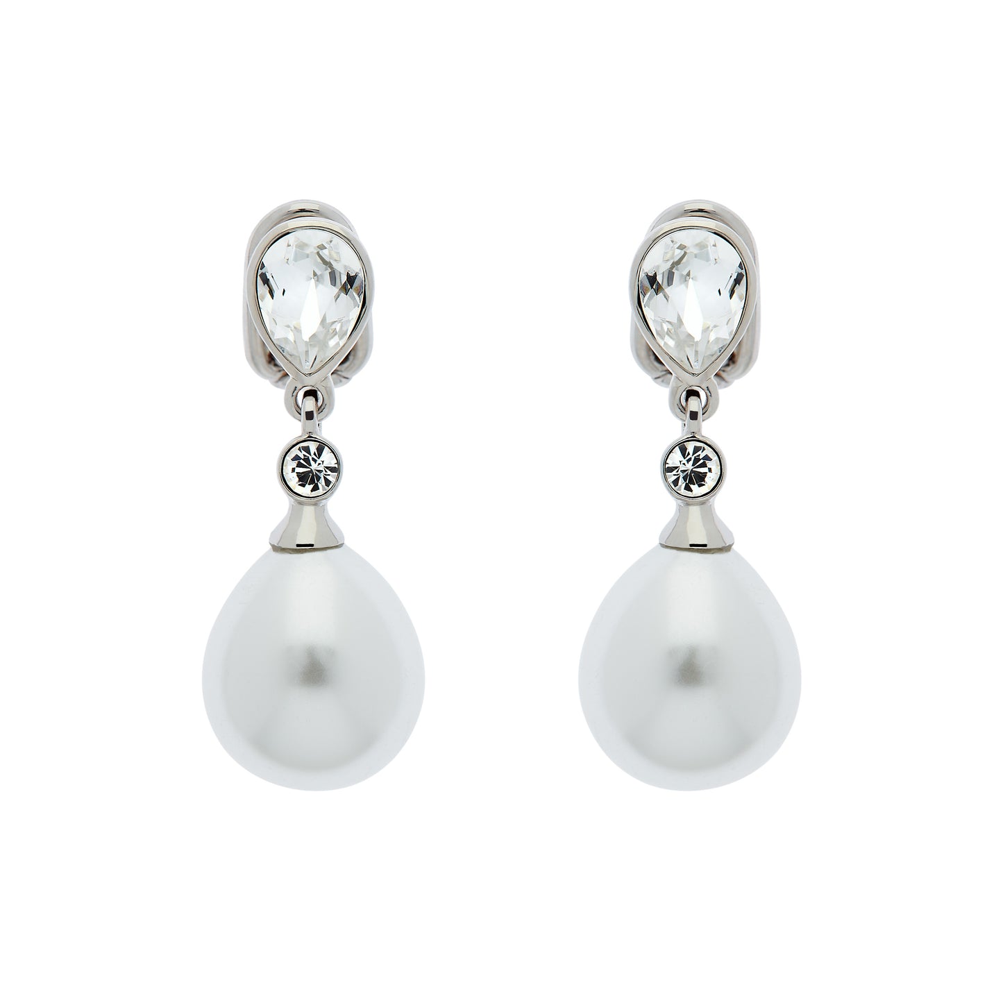 Platinum Crystal & Teardrop Pearl Clip Earrings