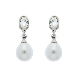 Platinum Crystal & Teardrop Pearl Clip Earrings