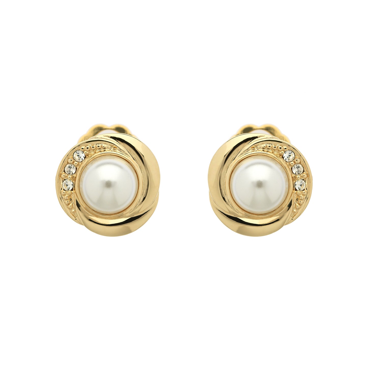 Gold Pearl & Crystal Stud Clip Earrings