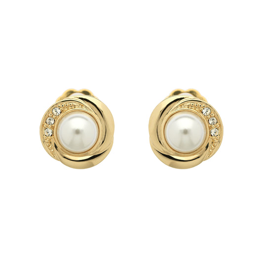Gold Pearl & Crystal Stud Clip Earrings