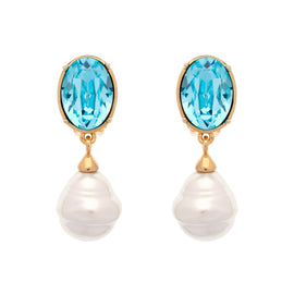 Aqua Crystal and Baroque Pearl Drop Clip Earrings