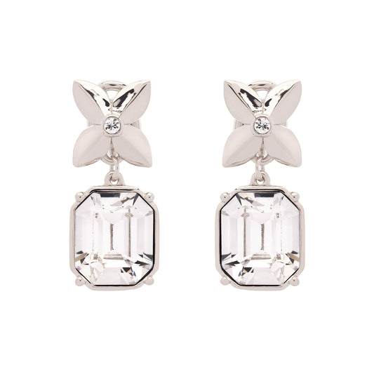 Platinum Flower Cushion Crystal Clip Earrings