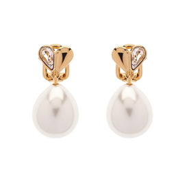 Gold Crystal Heart Pearl Drop Clip Earrings