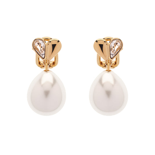 Gold Crystal Heart Pearl Drop Clip Earrings
