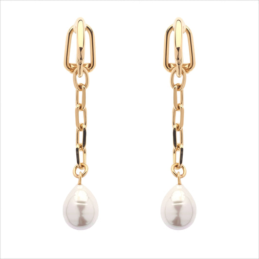 Gold Baroque Pearl Chain Drop Clip Earrings