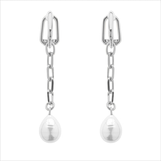 Platinum Chain Baroque Pearl Drop Clip Earrings