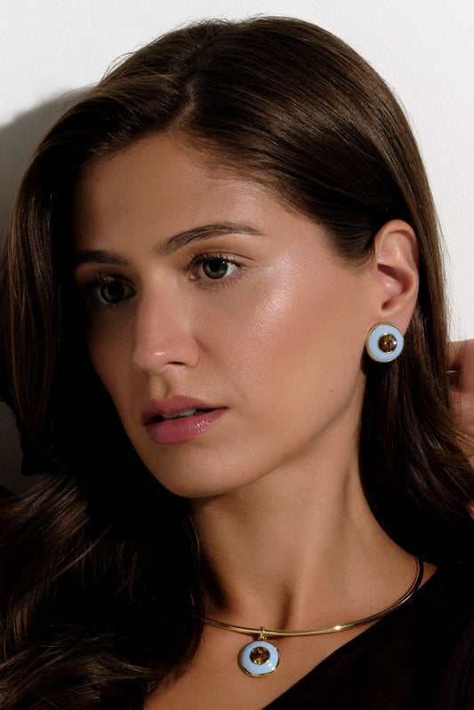 Smoked Topaz and Enamel Disc Earrings