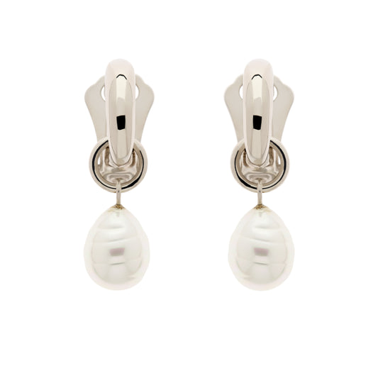 Platinum Hoop & Baroque Pearl Clip Earrings