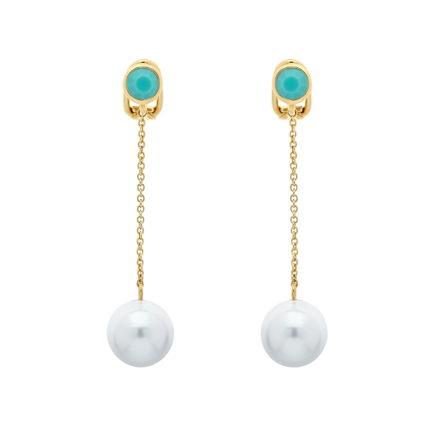 Turquoise & Pearl Chain Clip Earrings