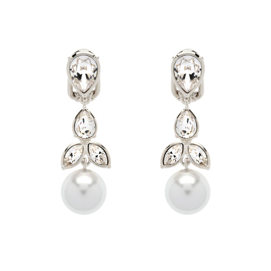 Platinum Crystal & Pearl Drop Clip Earrings