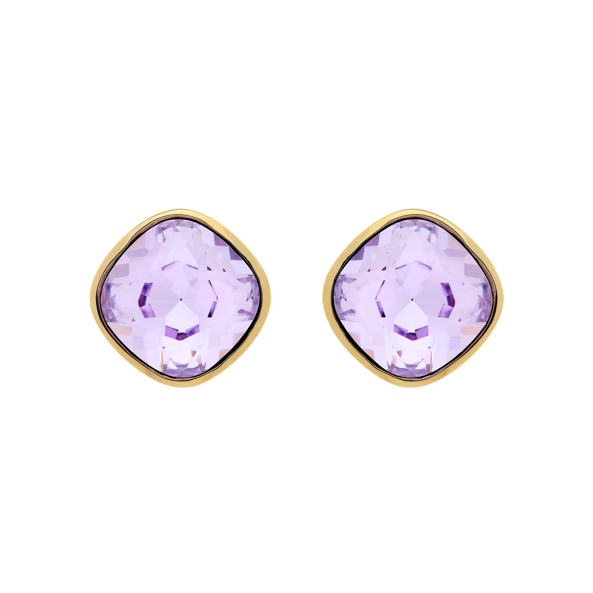 Pair of gold-framed purple gemstone earrings on a white background