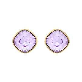 Pair of gold-framed purple gemstone earrings on a white background