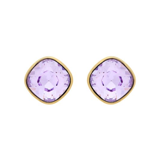 Pair of gold-framed purple gemstone earrings on a white background