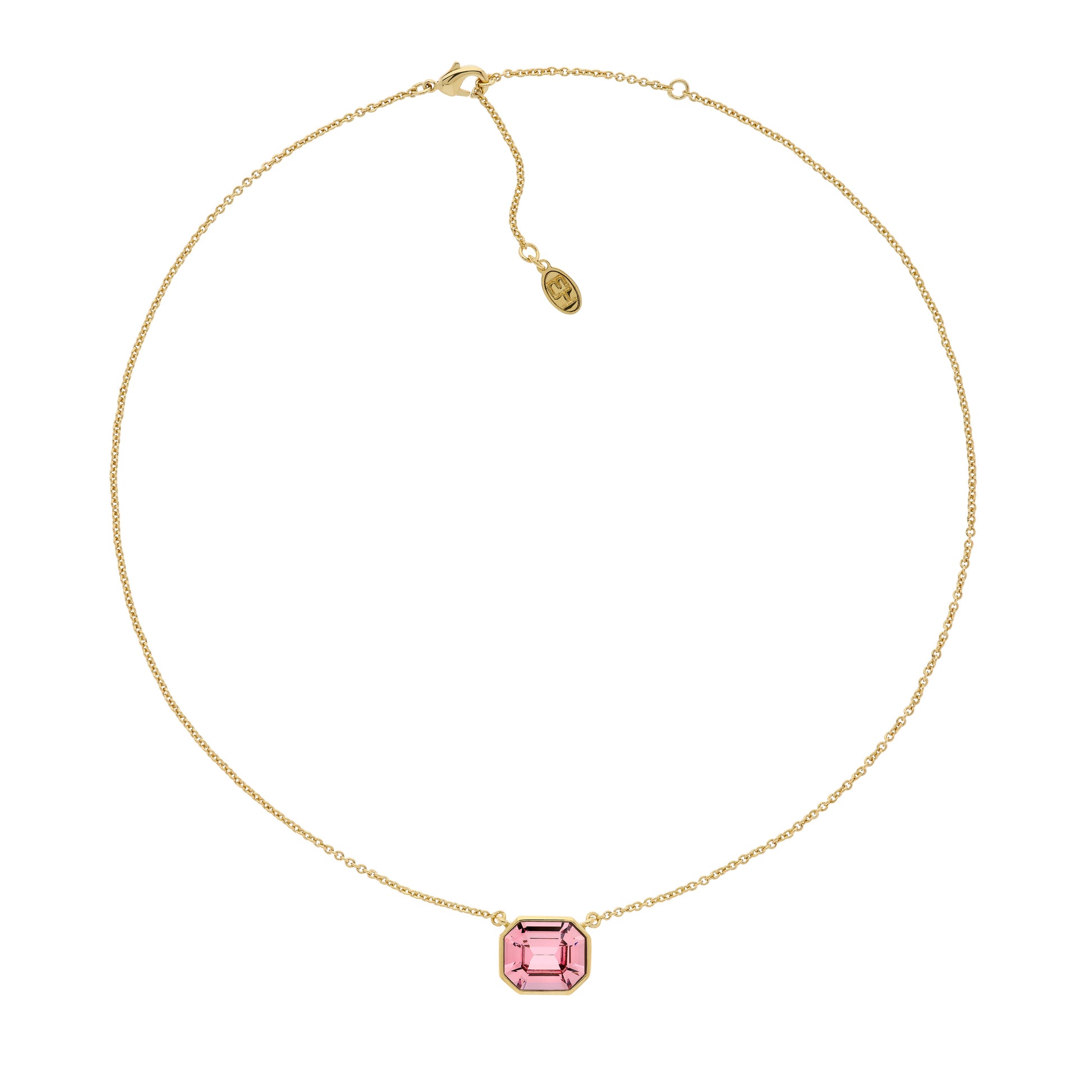 A gold-plated necklace with an octagon-shaped amethyst crystal pendant at the center, presented against a white background.