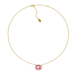 A gold-plated necklace with an octagon-shaped amethyst crystal pendant at the center, presented against a white background.