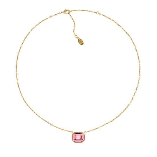 A gold-plated necklace with an octagon-shaped amethyst crystal pendant at the center, presented against a white background.